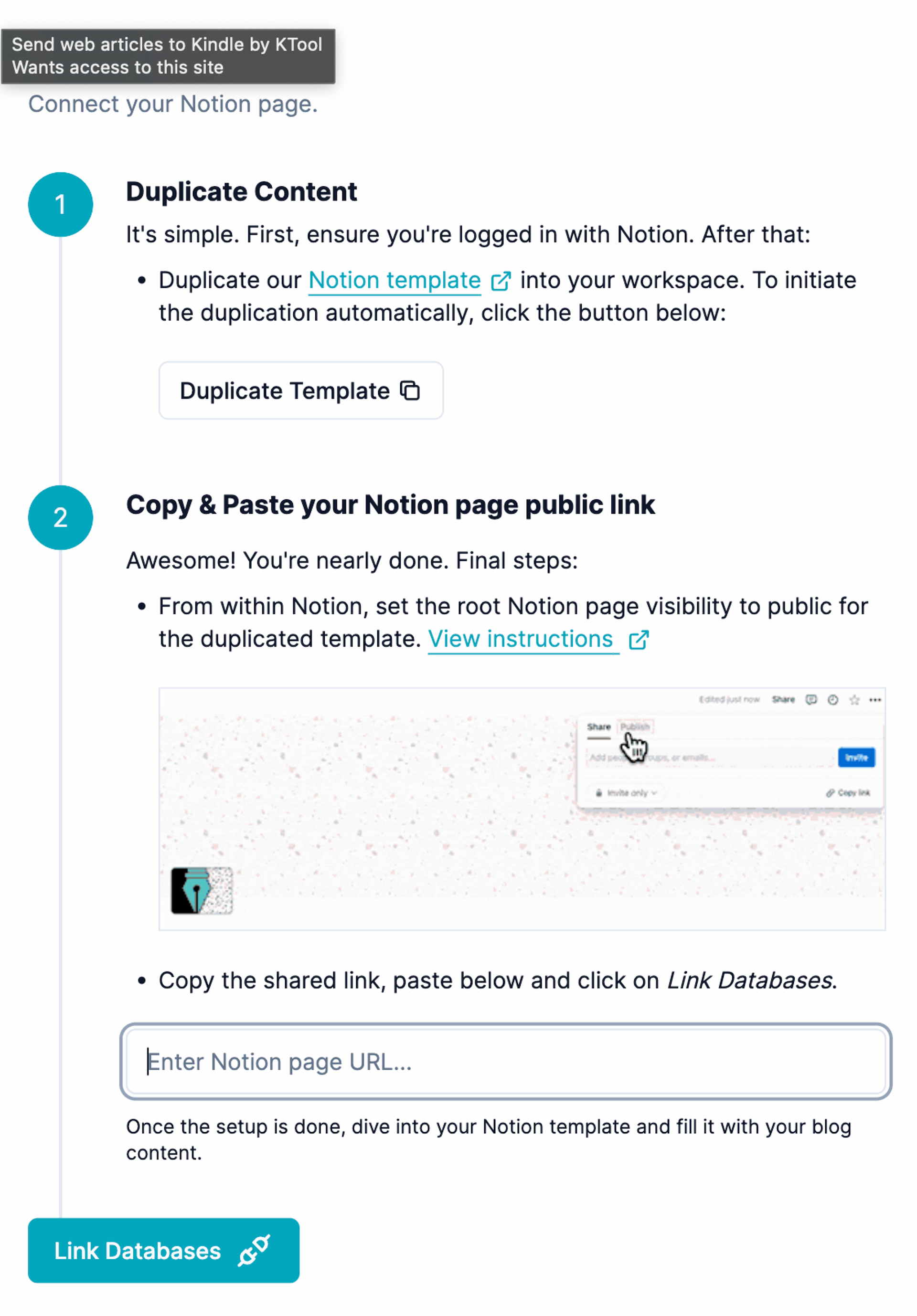 After clicking on “Duplicate Template” the duplicate button is de-focused and “Link Databases” is now the focus with an instruction GIF on what needs to be done.
