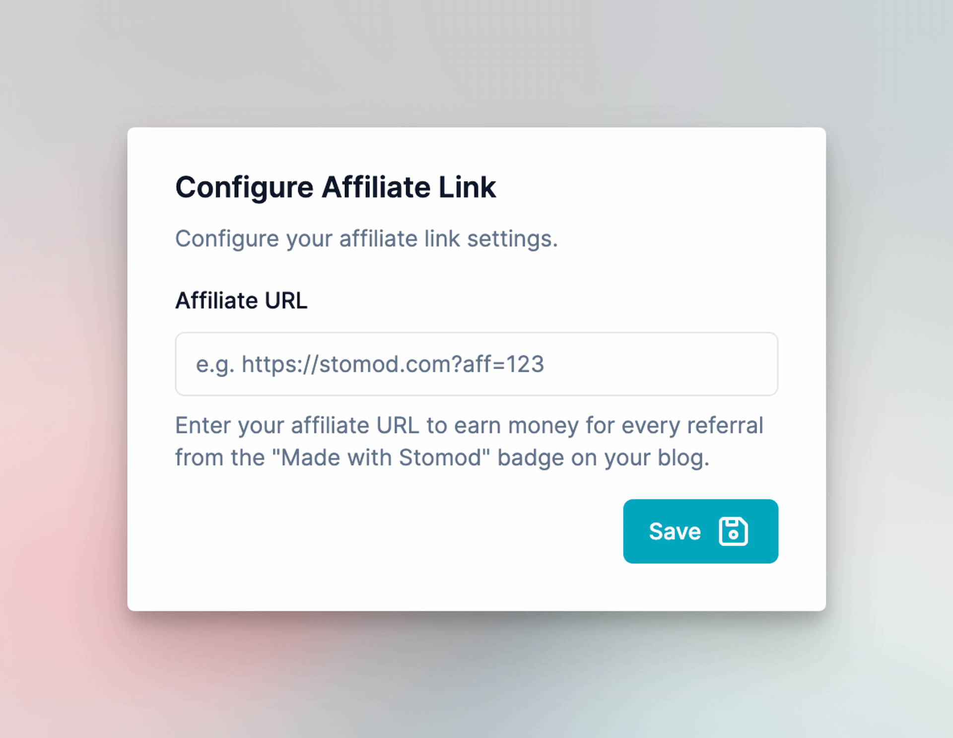 Configuring the Made with Stomod badge to use an Affiliate Link under Settings → Reading